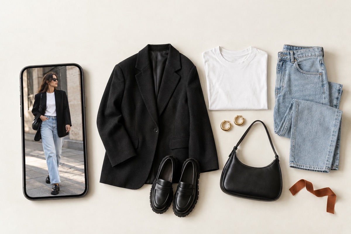 An outfit screenshot on a phone, recreated as separate shoppable pieces